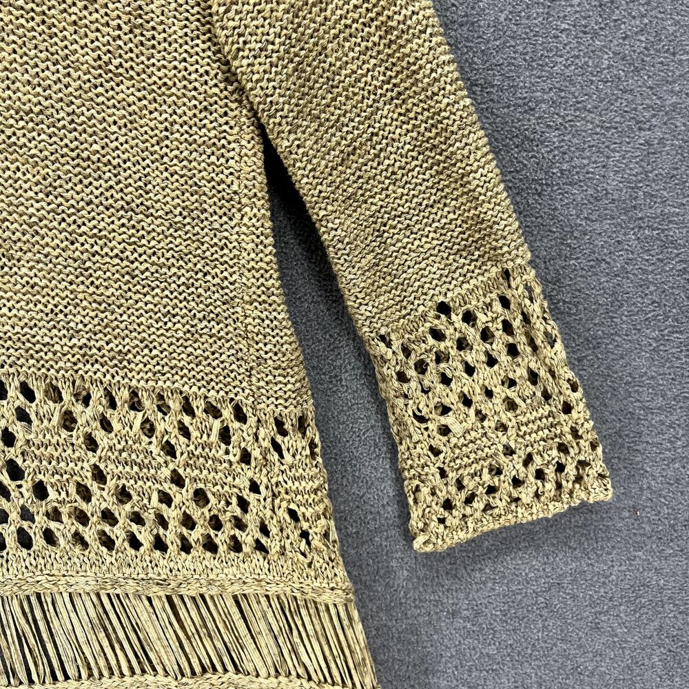 Zara Knit Cardigan Medium Tan Open Crochet Fringe Tassels Taupe raglan sleeve - Picture 14 of 16